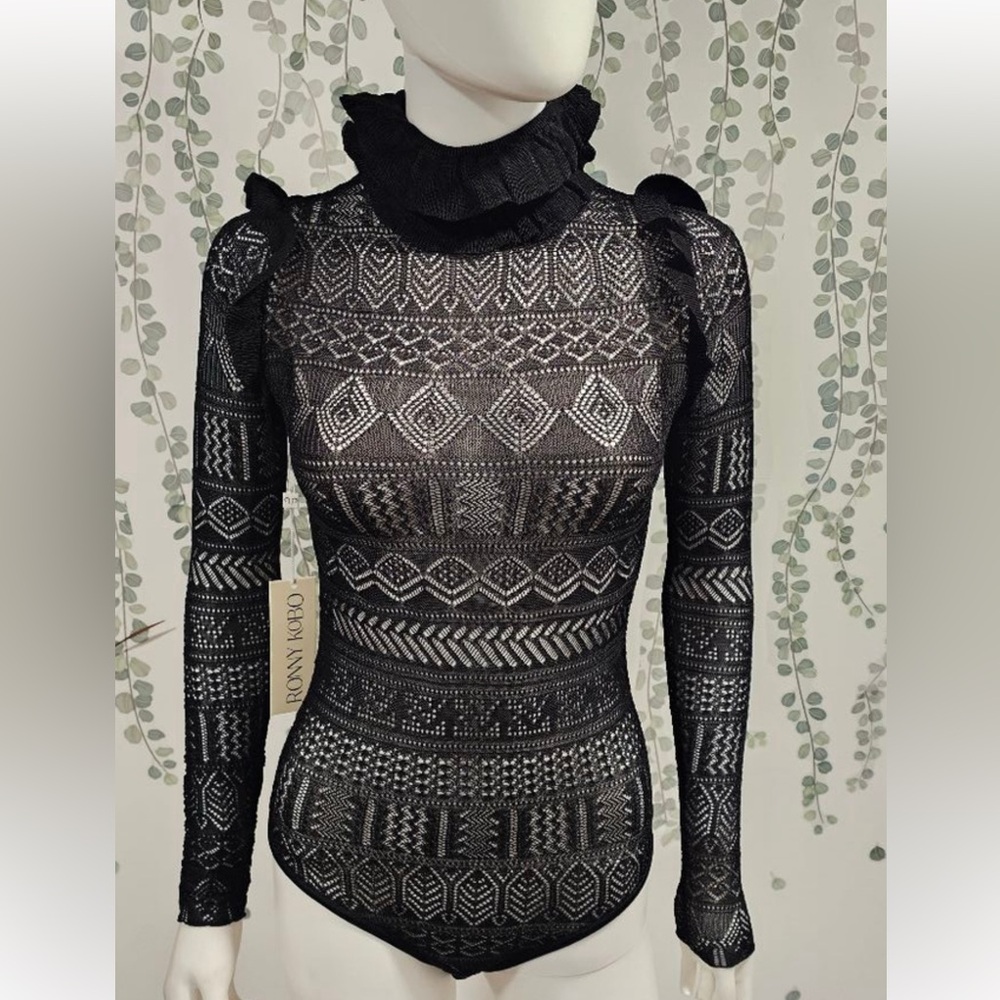 Ronny Kobo Collection Intricate Black Bodysuit